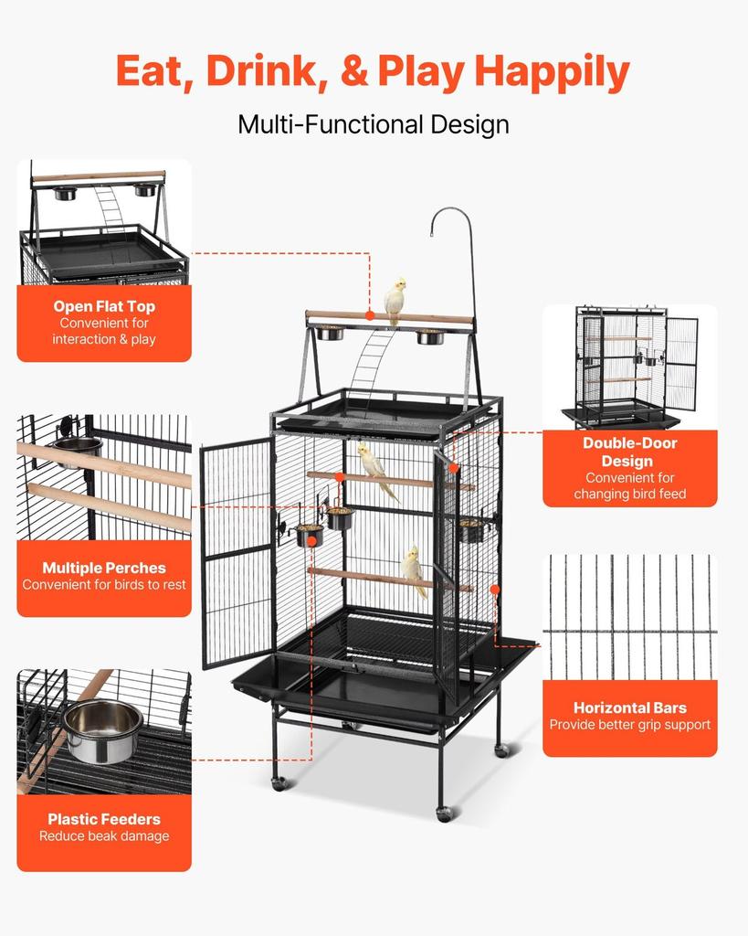 Bird Cage, 830 x 790 x 2100 mm, Open Flat Top, Wrought Iron Bird Flight Cage with Perches, Slide-Out Tray, Plastic Feeders, for Cockatiel, Monk