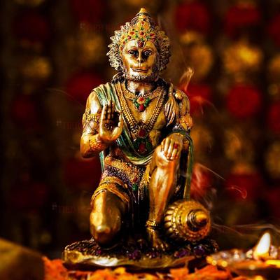 Lord Hanuman-idol i sittande ställning (18 x 11 cm, Flerfärgad) Indiska Gudastatyer för Mandir Tempel Pooja Rum Kontor Företagsgåvor