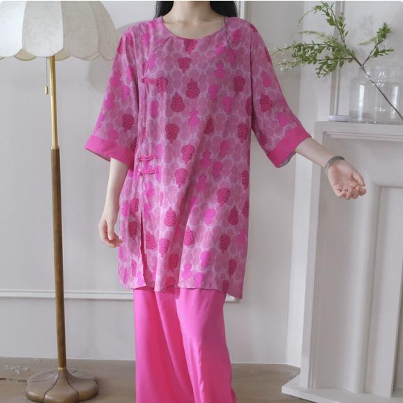 Hanfu pajamas women's spring summer new Chinese-style cotton and silk suit cotton silk medium-sleeved loose loungewear can be worn thin