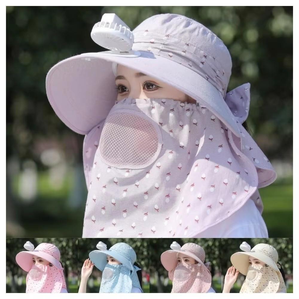 Windproof Tea Picking Hat Full Face Cover Women Sun Hat Electric Fan Bucket Hat  Mountaineering