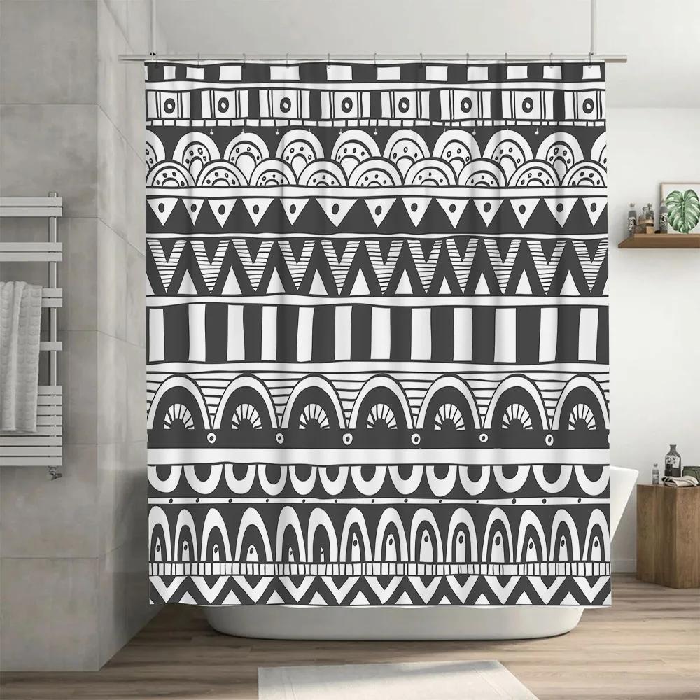 Modern Geometric Bathroom Shower Curtain Black White Striped Decorative Waterproof Fabric for Bathrooms Size 72x84 inches