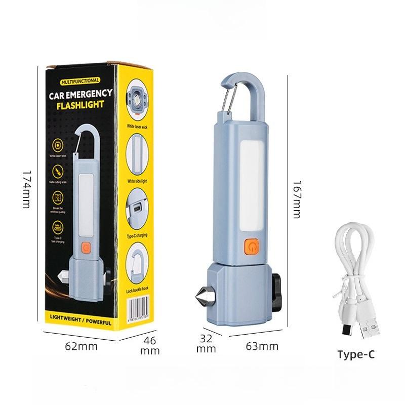 Multifunctional Zoom LED Flashlight with Hammer Built-in 18650 Battery Type-c Rechargeable Bright COB Work Light Camping Torch