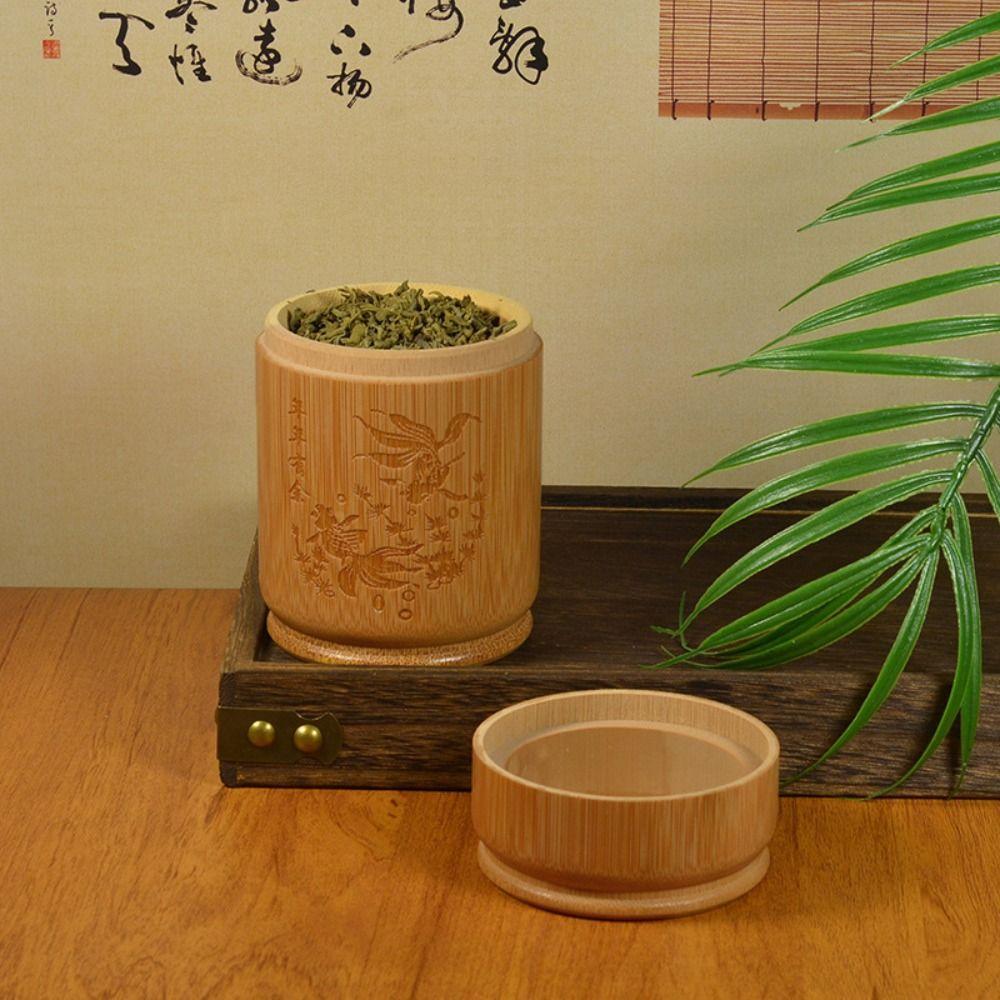 Practical Carved Bamboo Tea Storage Box Sealed Lid Dustproof Tea Canister Moisture-proof Handmade Spice Jar Craft