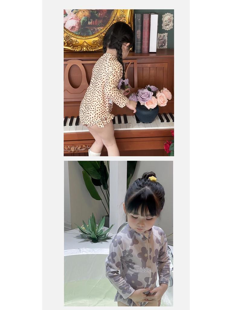 Korean Style Leopard Print Long Sleeve One-Piece Swimsuit for Girls