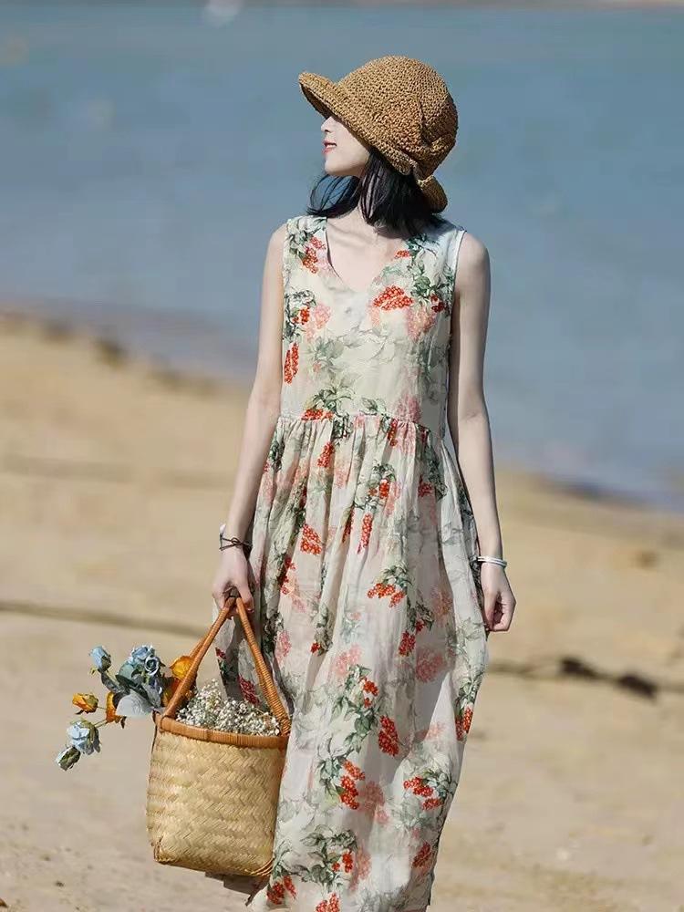 

2025 лето новый ретро принт хлопок и лен платье женское зарубежный стиль без рукавов легкое средней длины юбка-жилет M