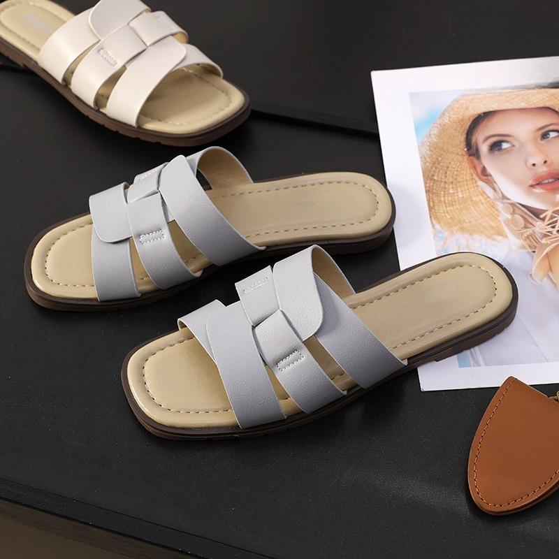 Fashion French Flat-soled Sandals for Women in Summer, New Square-toe Hollow-out Soft-sole Beach Vacation Flip Slippers