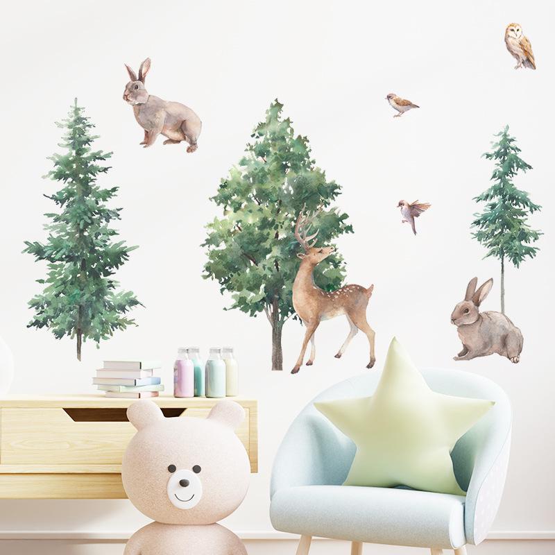 Cartoon Forest Deer Wall Stickers with Pine Trees, Removable Decals for Kids Room Nursery Kindergarten Decor