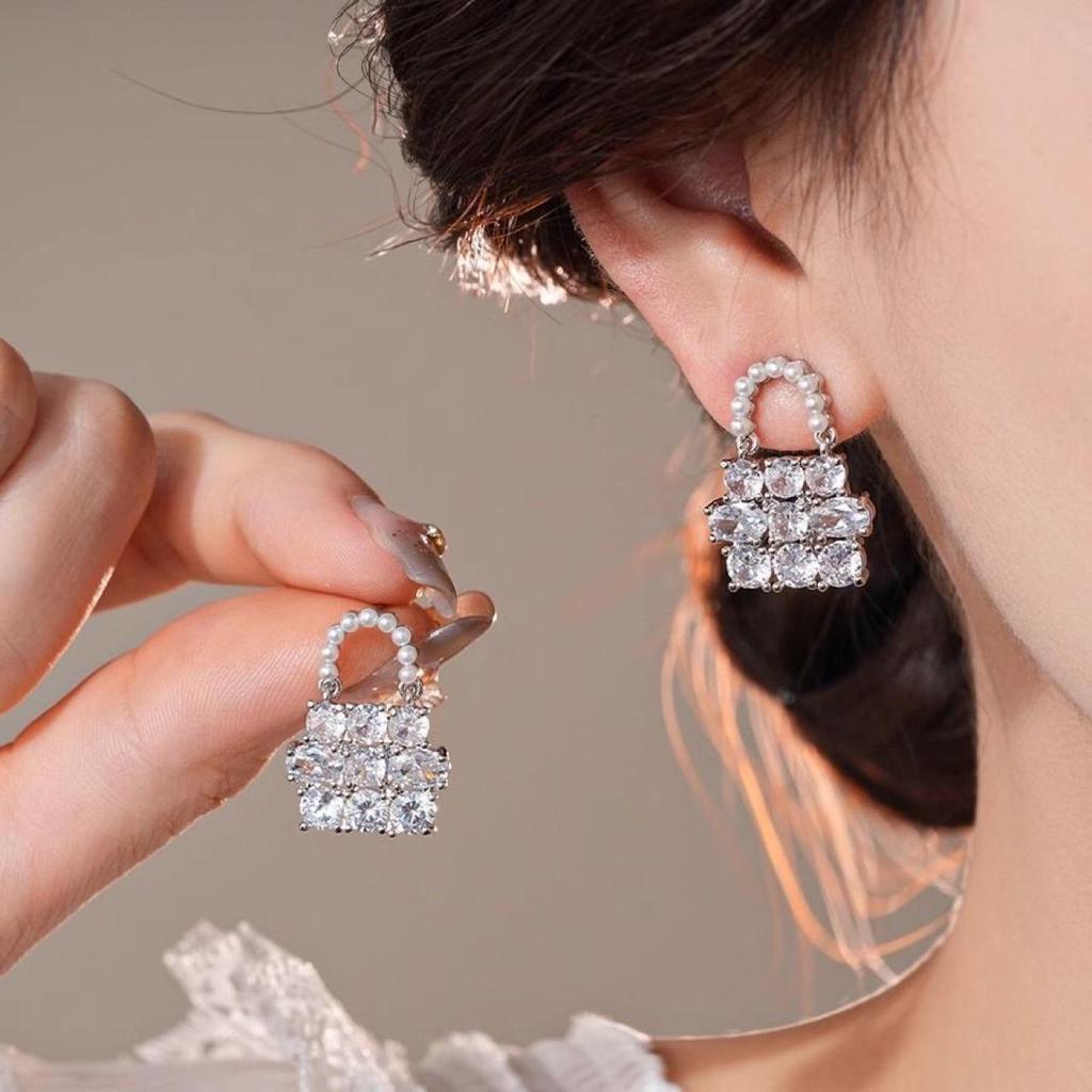 Exquisite High-End Zirconia Bag Stud Earrings for Women - New Fashionable Design 2025