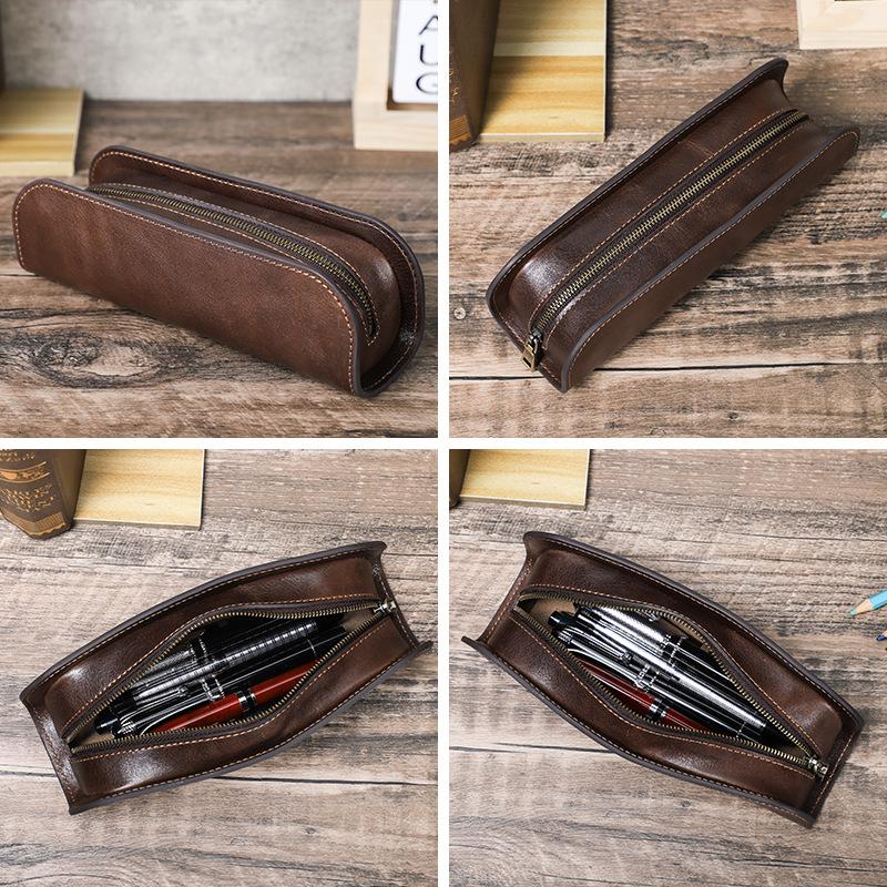 Brown Thick Cowhide Pencil Case Handmade Large Capacity Student Office Zipper Creative Pen Storage Box