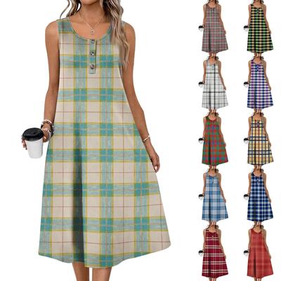 Dames mode casual mouwloze knoop geruite print jurk met zak