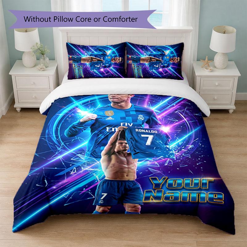 Set Biancheria da Letto Personalizzato Cristiano Ronaldo con Nome Testo 1 Copripiumino+2 Federe Logo Calcio Regalo Personalizzato per Occasione Speciale Arredamento Camera da Letto