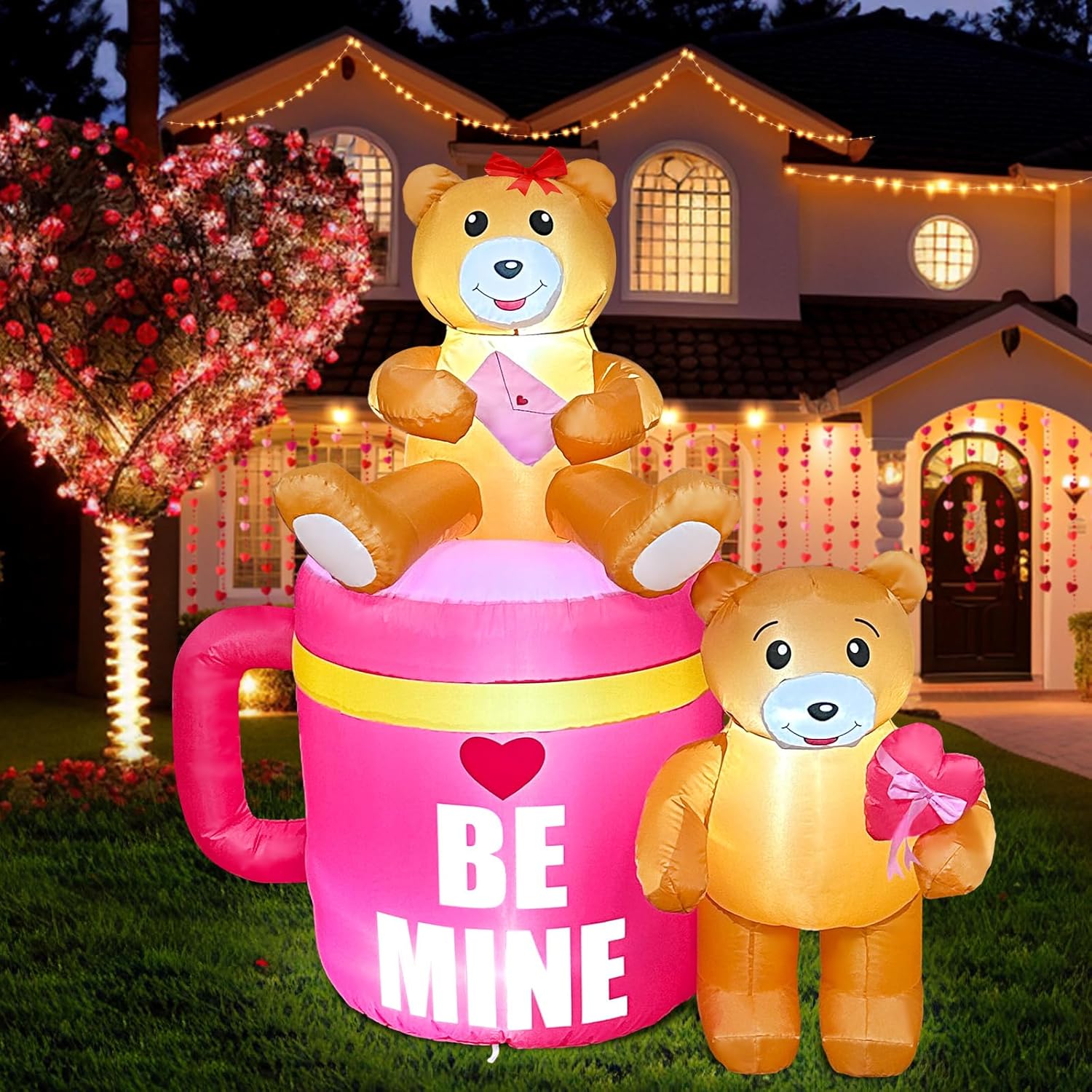 AerWo 5FT Valentines Inflatables Coffee Cup with Lovely Bear, LED Lighted Romantic Valentines Day Inflatables Outdoor Decorations, Valentines Day
