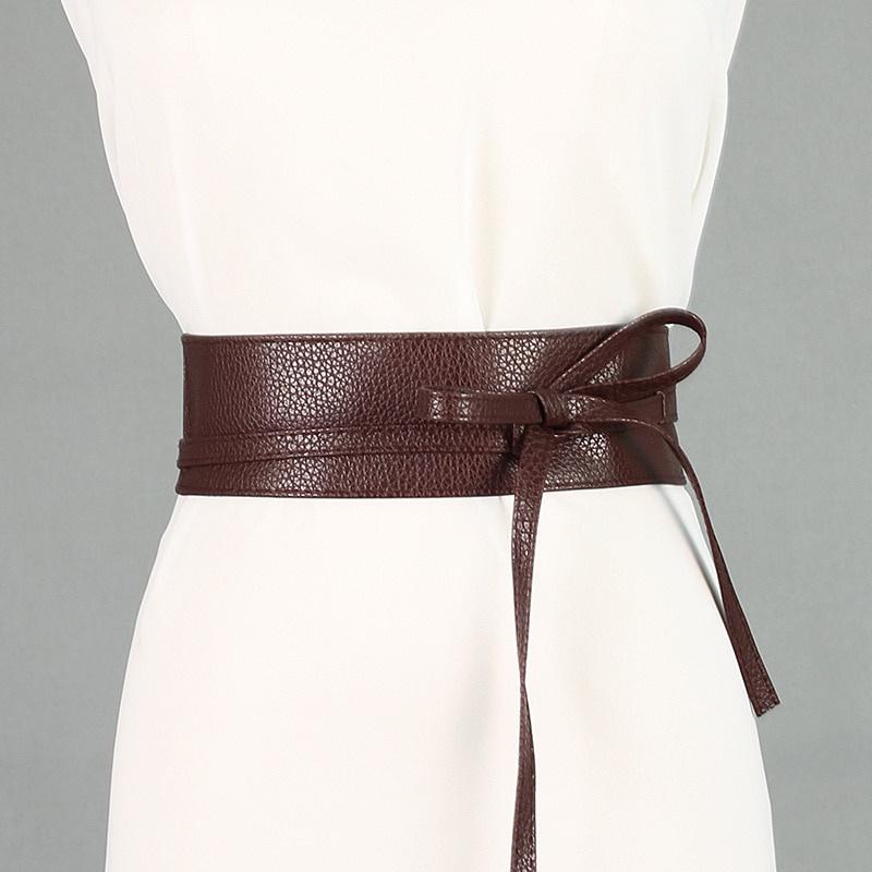 Women Fashion Solid Color Soft Faux Leather Wide Long Belt Self Tie Wrap Around Waist Girdle Dress Belts Bow Waistband