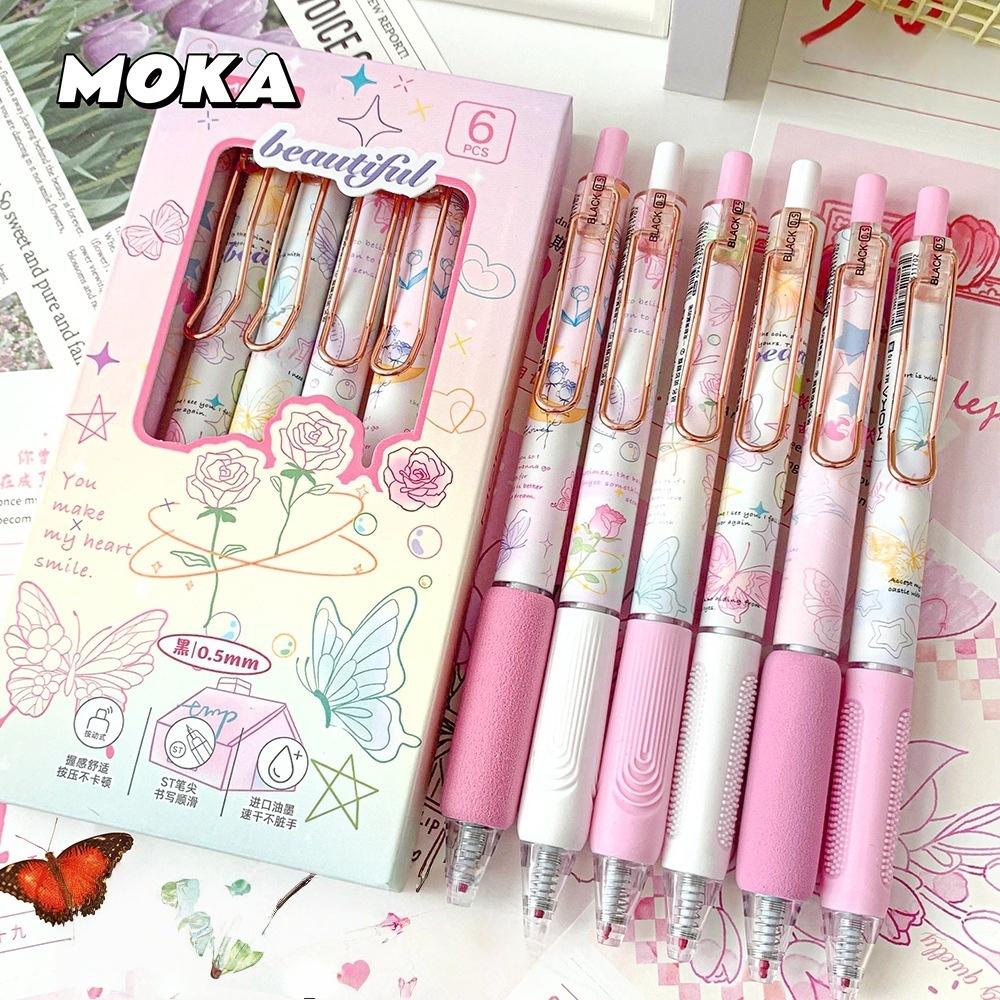 6pcs Butterfly Gel Pen Set 0.5mm Black Ink Flower Rose Sweet Ballpoint Pens for Writing Student School Supplies