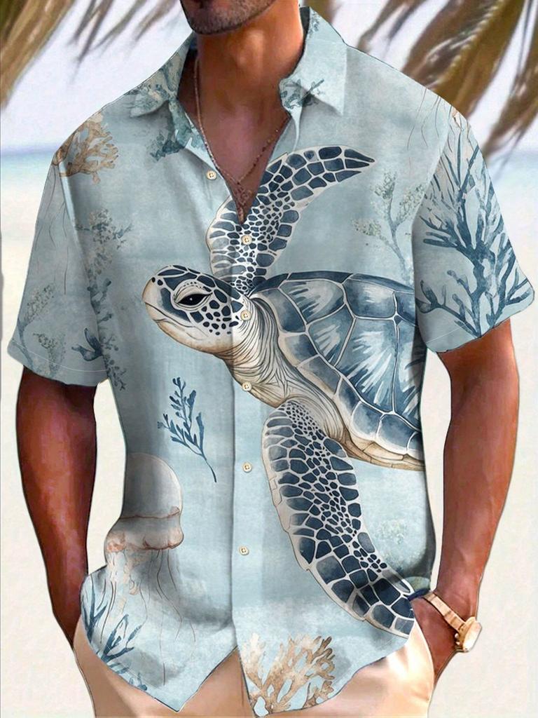 Men's Simple Hawaiian Jellyfish and Turtle Pattern Printed Button Shirt- Lightweight Polyester Fiber, Summer Vacation and Holiday Clothing