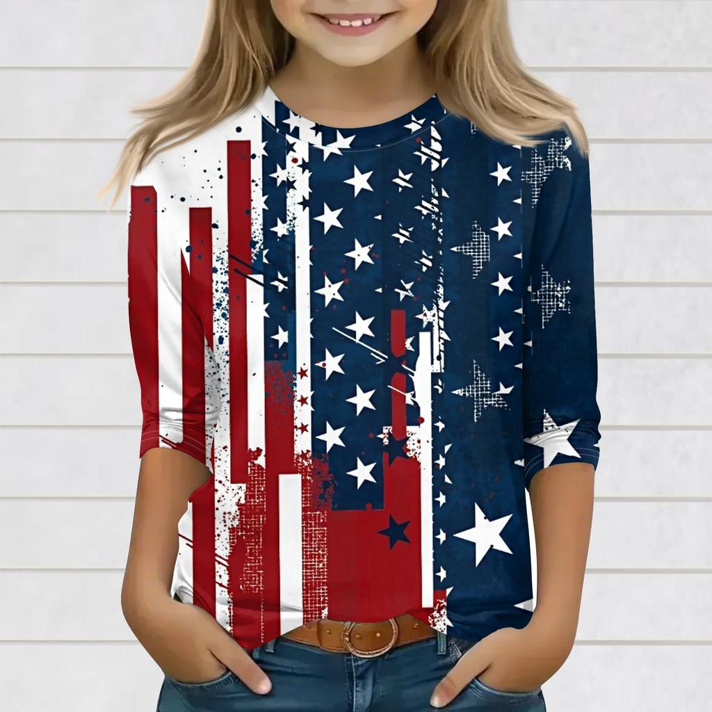 Print Tops For Youth Girls 3-10 Years Round Neck 3/4 Sleeves T-Shirts Trendy Tops Outfit Tees