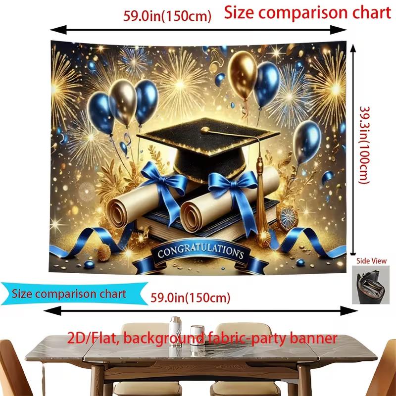 Elegant 2026 Grad Party Backdrop, Blue Gold Ribbons Fireworks Diplomas Grad Cap for Graduation Decor