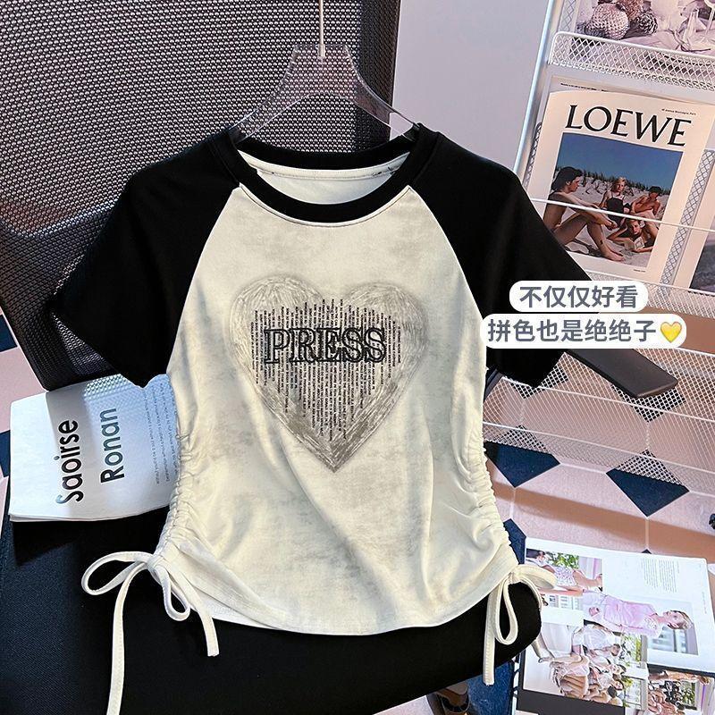 Large size tie-dye slim meat-covering drawstring short-sleeved t-shirt women s summer new slim-fit letter-printed outerwear top trendy S