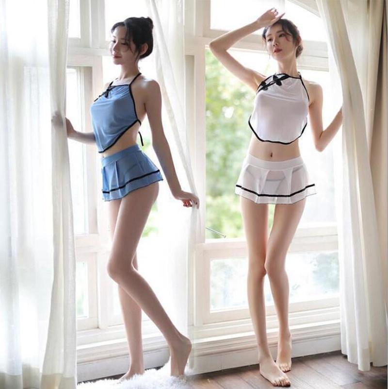 Transparent Womens Sexy Short Skirt Set Chinese Cheongsam Style Backless Underwear Skirt Set
