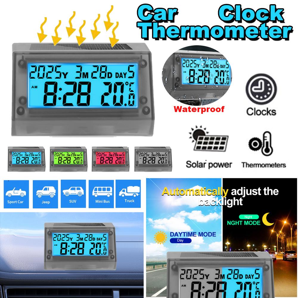 Solar Car Digital Clock Thermometer Waterproof LCD Dashboard Temperature Display