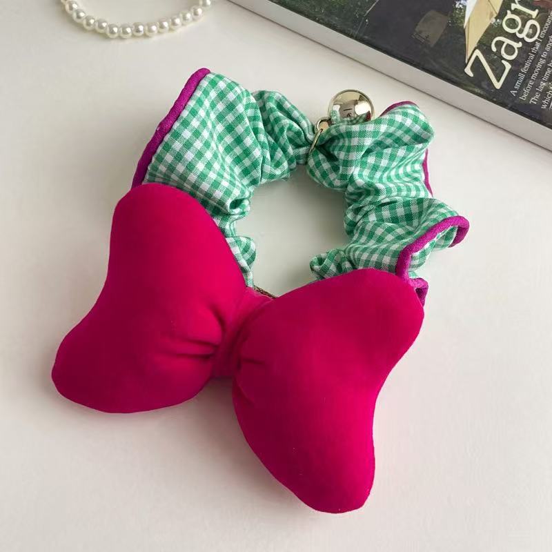 1pc Sweet and Cute Plum Color Bow Large Intestine Hair Ring, Korea Dongdaemun Plaid Contrast Hair Tie American Retro Hair Ring