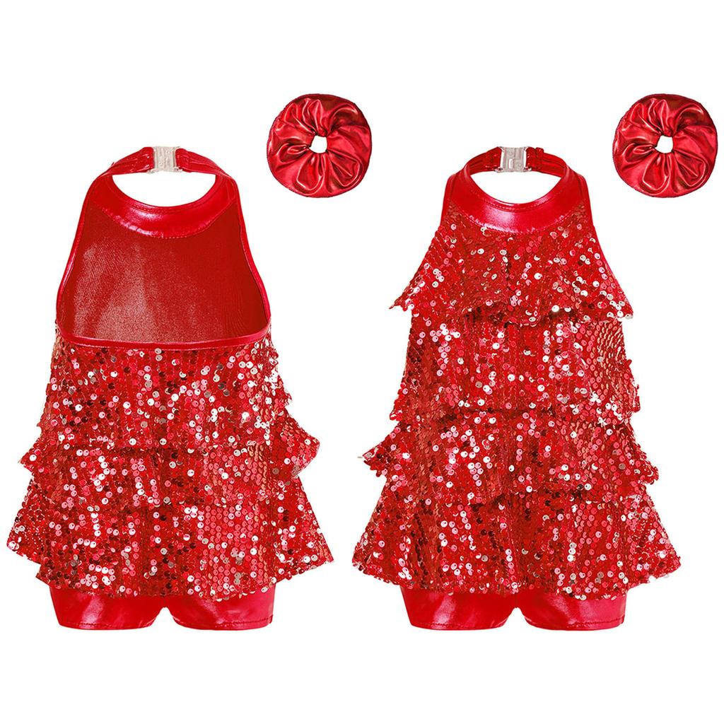 Kids Dance Leotard Halter Neck with Shiny Sequins Ruffles for Jazz Latin Performance Costume