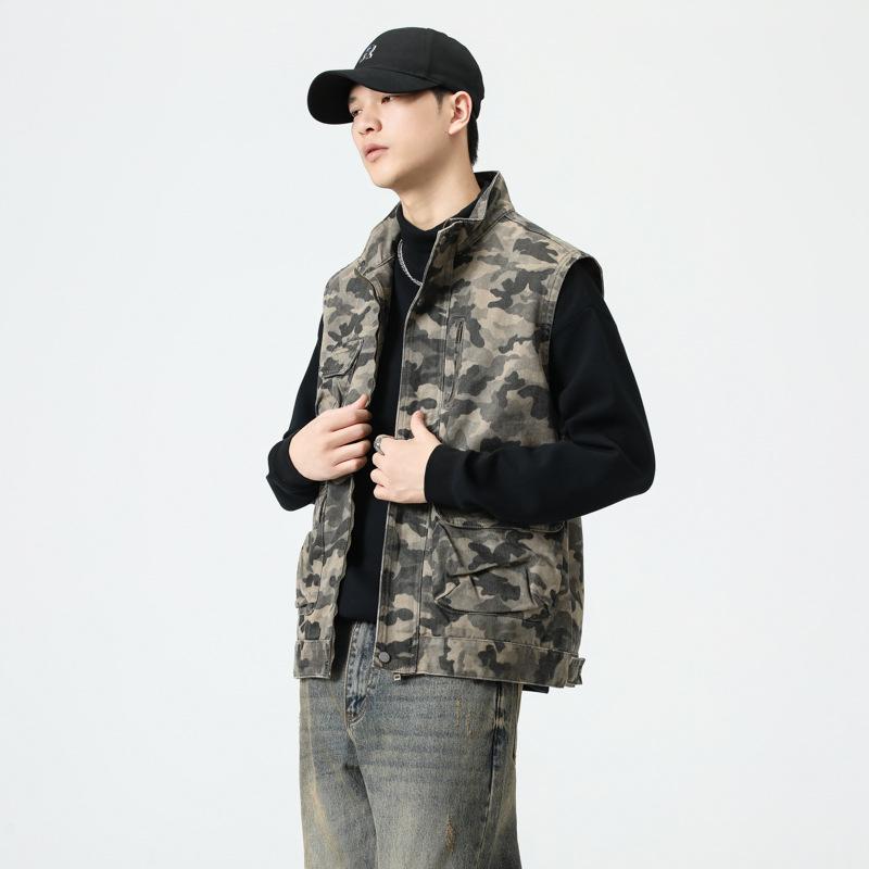 Camouflage Overalls Stand-up Collar Vest Men's Spring and Autumn Outdoor Tactical Loose Shoulder Horse Clip Vest