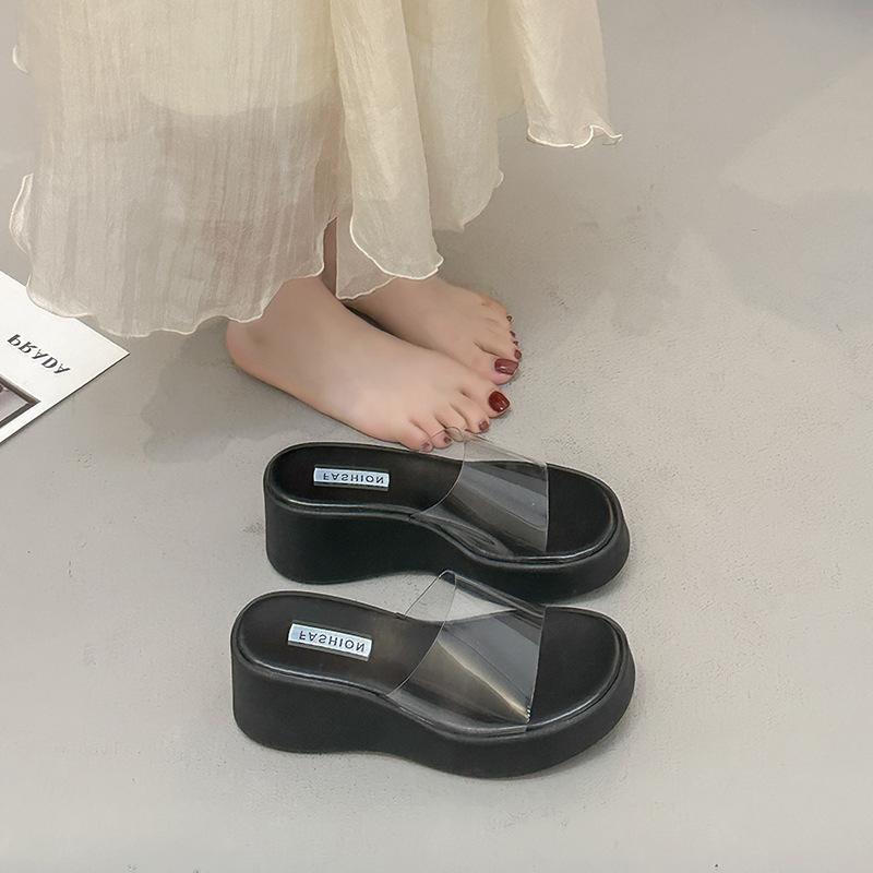 

Muffin thick-soled cool slippers fairy shoes 2025 new summer fashion outer wear wedge heel heightening transparent belt sandals 35 чёрный