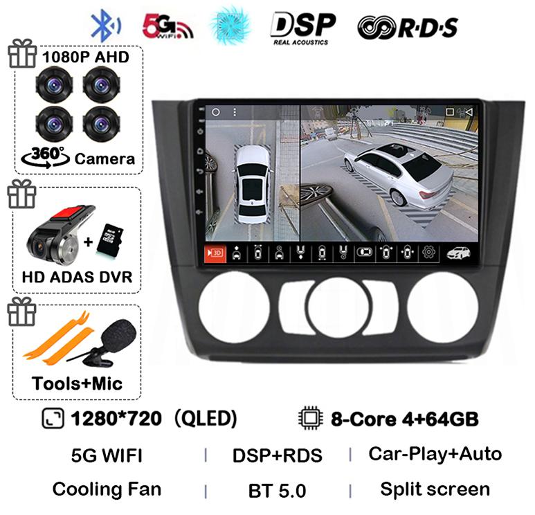 Android 14 Carplay Auto Car Radio For BMW 1 Series E81 E82 E87 E88 AT/MT 2004-2012 GPS Multimedia Stereo Player Audio WIFI+4G BT
