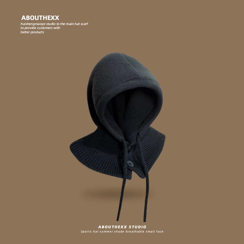 

Осенне-зимняя теплая вязаная шапка-шарф «все в одном» с капюшоном, шерстяная шапка с защитой ушей для мужчин M（56-58cm）