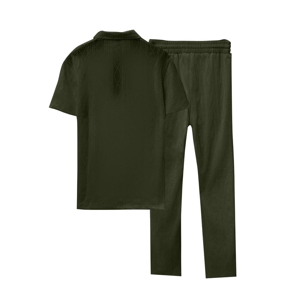 Men's Solid Color Textured Short Sleeved Trousers Suit Casual Sports Short Sleeved Trousers Suit