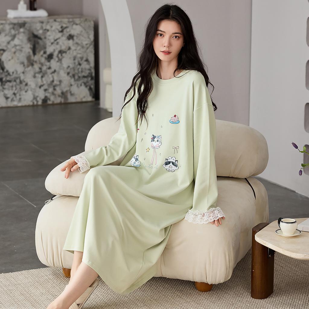 Nachthemd Damen Frühling und Herbst Reine Baumwolle Langärmelig Mittel und Lang Locker, Süß und Hochwertig Lässig Kann Draußen Getragen Werden Loungewear