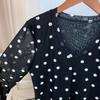 New V-neck White Polka-dot Double Layer Mesh Long-sleeved T-shirt Fashionable Mother's Slim Thin Top