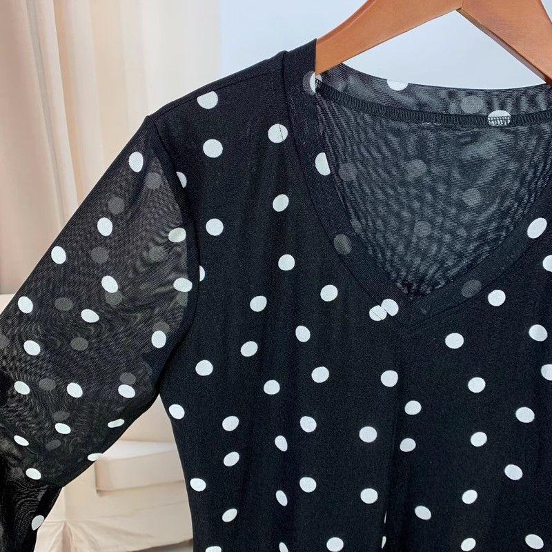 New V-neck White Polka-dot Double Layer Mesh Long-sleeved T-shirt Fashionable Mother's Slim Thin Top