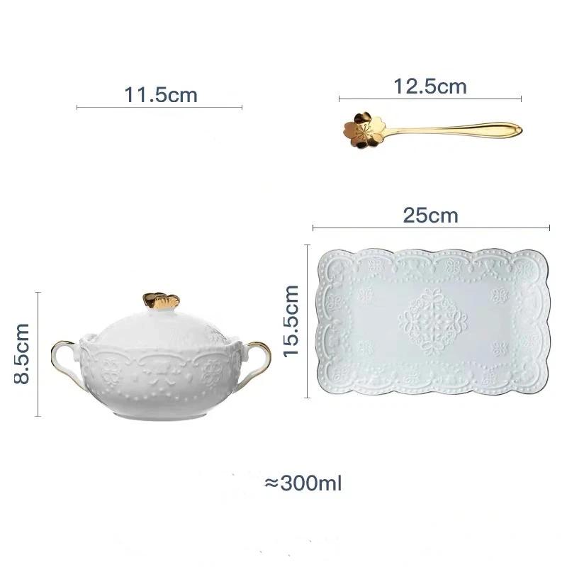 European Embossed Butterfly Ceramic Bowl with Lid & Double Handles, Breakfast, Dessert & Oatmeal Bowl