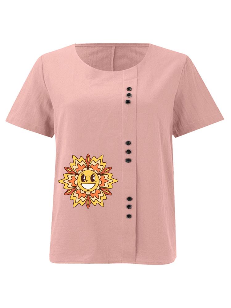 Women s Fashion Sunflower Print Casual Cotton Linen Short Sleeve Round Neck T-shirt Shirt Leisure Loose Summer Blouse Tops S розовый
