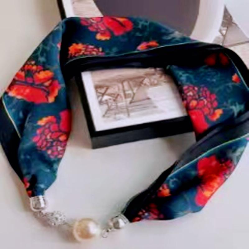 Live Season Magnet Buckle Silk Scarf Women'S Pearl Necklace Long Silk Scarf Headband Decorative Small Scarf