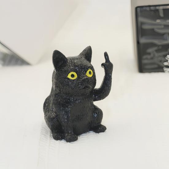 Middle Finger Cat Statue Sitting Black Cat Figurine Resin Animal