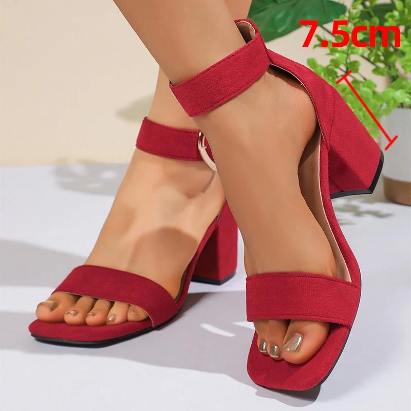 Fashion Fashion Red High Heels Dress Sandals for Women Summer Square Toe Thick Heeled Sandals Woman Heart Buckle Ankle Strap Party Shoes