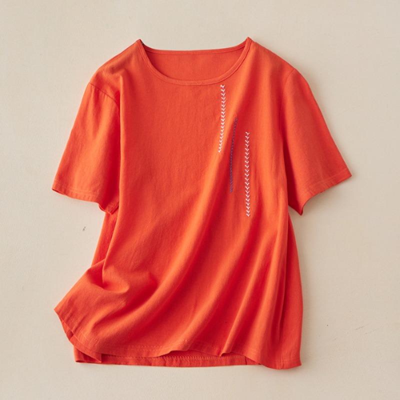 Short-sleeved Women's Embroidered Cotton and Linen Round Neck Summer Loose Large Size T-shirt Pullover Women
