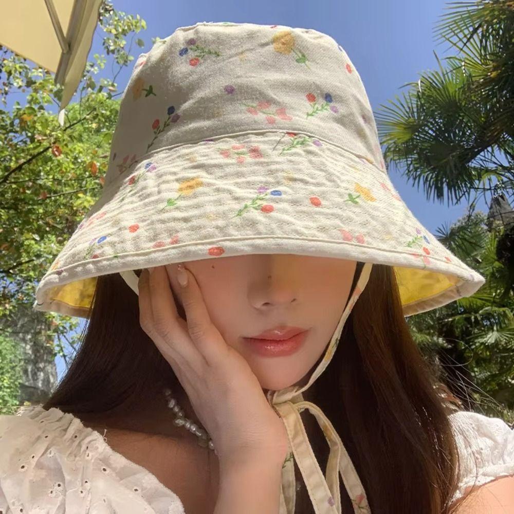Double Sided Women Fisherman Hat Floral Print Summer Sun Hats Panama Bucket Hats  Outdoor Travel