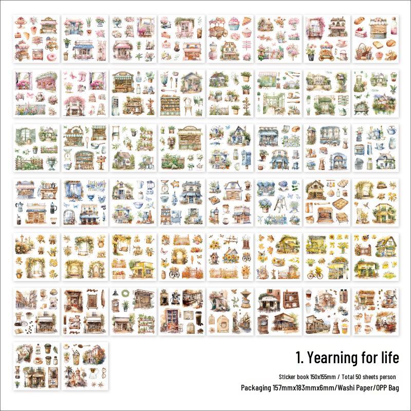 Retro Scenery Die-cut Sticker Book: Washi Paper with Houses, Forests & Coffee Themes