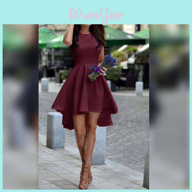 Fashion Women Sleeveless Asymmetric Hem Casual Sundress In Elegant Pure Color