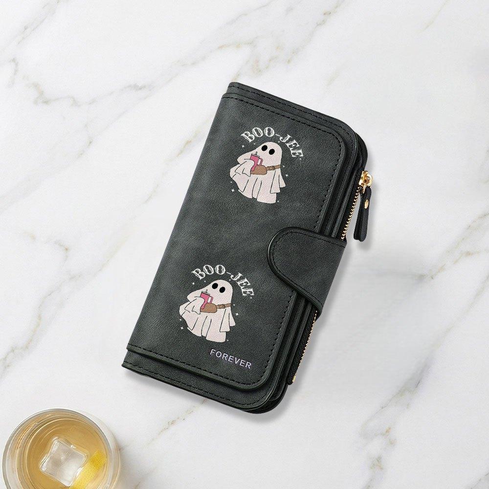 Cute Ghost Holding Drink Illustration Print Long Wallet Unisex Multifunctional Portable Snap Coin Purse Perfect Birthday Gift For Daily Use