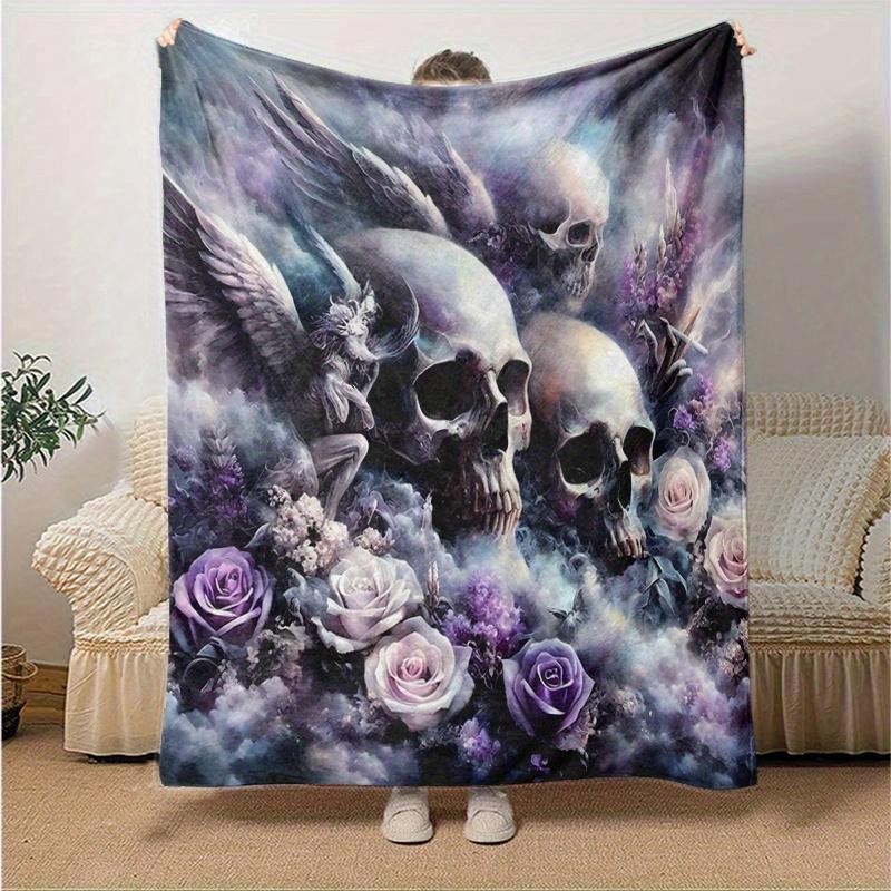 1pc Skulls Angels and Roses Blanket, Soft for Couch Bed Sofa, Living Room, Travel, Camping, Car Blankets