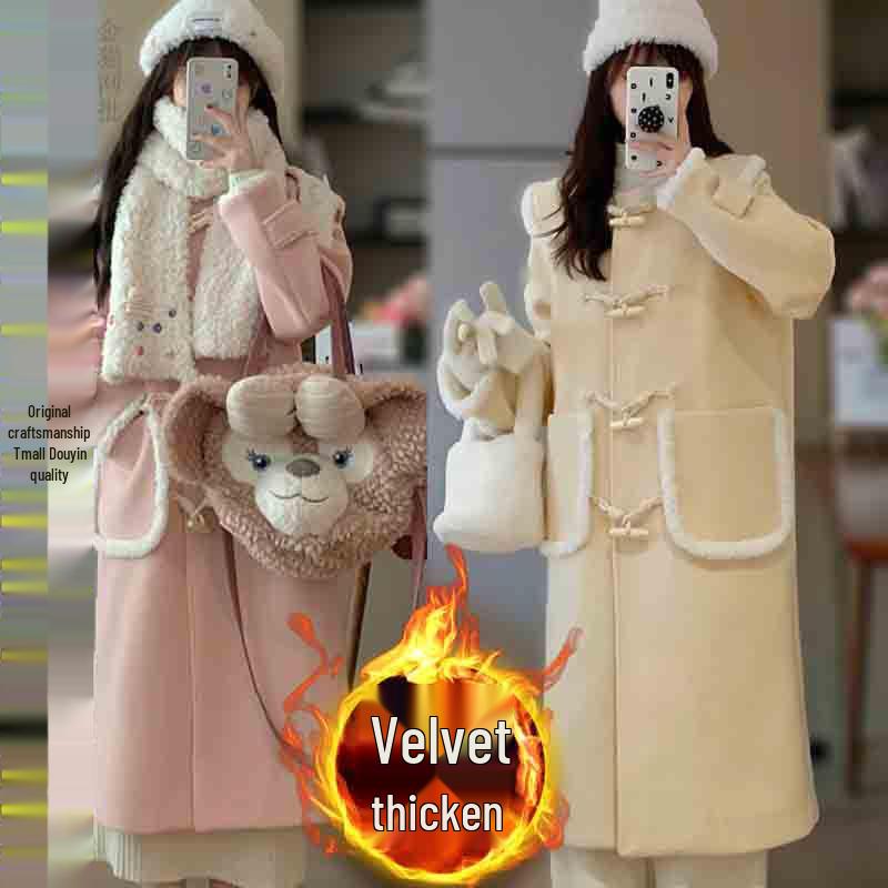 Women's Korean Pink Lambswool Tweed Coat: Winter 2025, Horn Button, Loose Fit