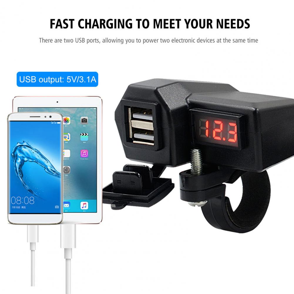 Motorfietslader Digitale spanningsmeter Dubbele USB-poort Mobiele telefoonlader 3.4A Snel opladen 3.0 Stuurlader voor iPhone Samsung Huawei