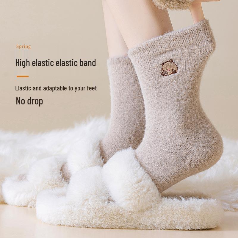 Women's Plush Embroidered Fleece-Lined Mid-Calf Socks - Cute Cartoon Design, Warm and Thick for Autumn and Winter.