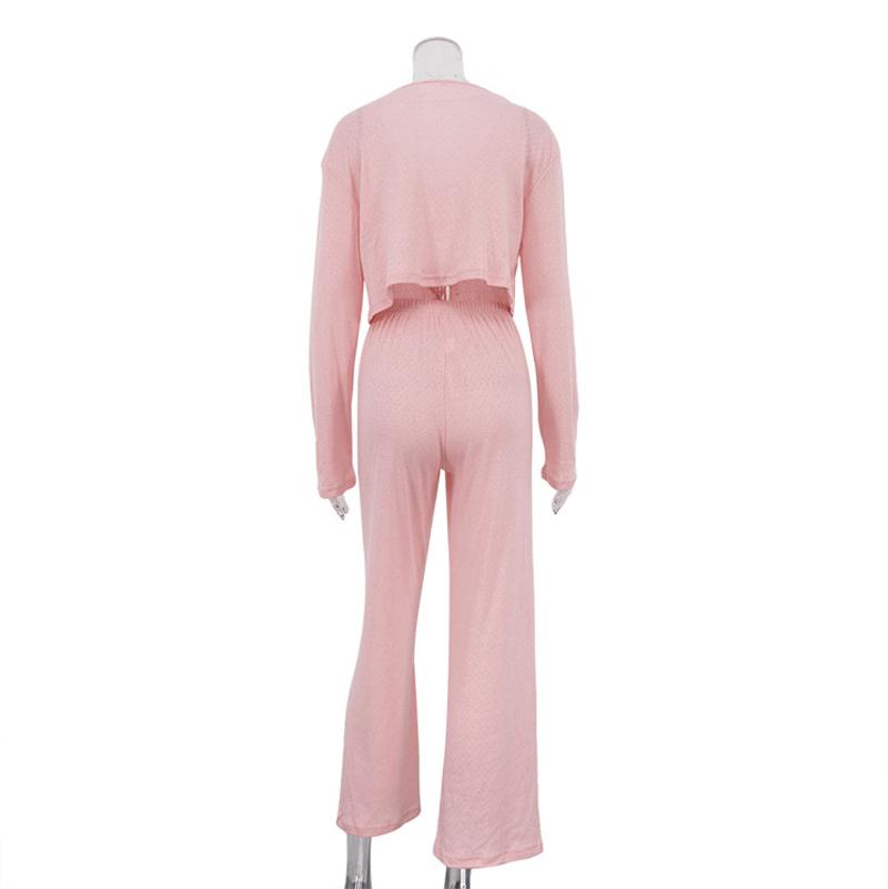 New Solid Color Knitted Jacquard Long Sleeve Open Umbilical Pajama Pants Two Piece Comfortable Home Clothes for Women