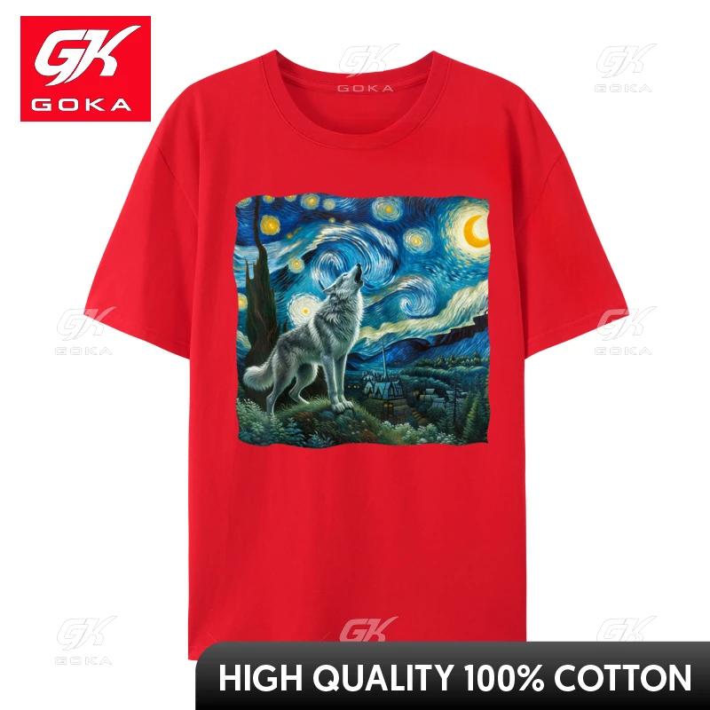 Wolf Starry Night Howling Moon Funny TShirt Awesome Cotton Tee Camisas Unisex Birthday Camisa Streetwear Tshirt Custom S